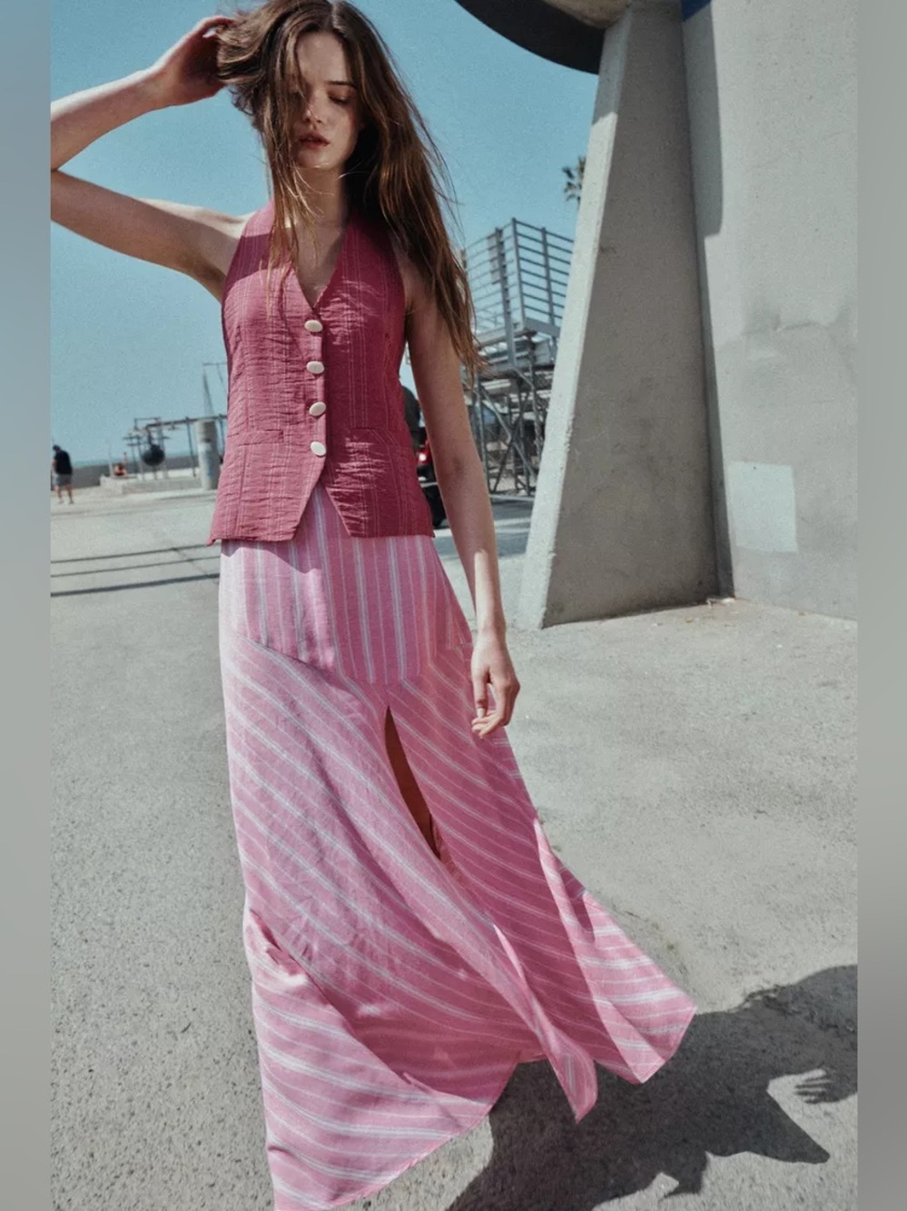 ZARA STRIPED LINEN MIDI SKIRT